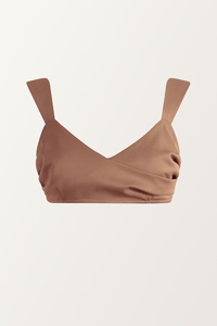 PIXIE WON'T PLAY MOONCITY BRALETTE CAMEL BROWN STYLISH WOOL SILK FABRIC CLASSIC DESIGN VERSATILE PROFESSIONAL ATTIRE SPRING SUMMER FALL WINTER FASHION SOPHISTICATED BUSINESS CASUAL FASHION - FORWARDS TIMELESS WARDROBE STAPLE SUSTAINABLE LUXURY CAPSULE COLLECTION ESSENTIALS ELEGANT STRAIGHT CUT CLEAN LINES BODY HUGGING OPEN BACK ELASTIC BAND ON BACK