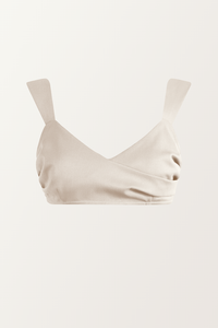 PIXIE WON'T PLAY MOONCITY BRALETTE ECRU WHITE STYLISH WOOL SILK FABRIC CLASSIC DESIGN VERSATILE PROFESSIONAL ATTIRE SPRING SUMMER FALL WINTER FASHION SOPHISTICATED BUSINESS CASUAL FASHION - FORWARDS TIMELESS WARDROBE STAPLE SUSTAINABLE LUXURY CAPSULE COLLECTION ESSENTIALS ELEGANT STRAIGHT CUT CLEAN LINES BODY HUGGING OPEN BACK ELASTIC BAND ON BACK
