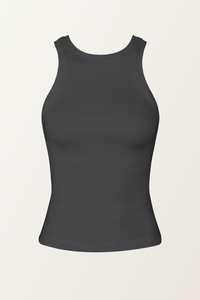PIXIE WON'T PLAY LARA TANK TOP RIBBED CARBON GREY ORGANIC COTTON SUSTAINABLE FASHION WEAR WITHOUT BRA LUXURY SLEEVELESS STYLISH COMFORTABLE BREATHABLE FABRIC VERSATILE RELAXED FIT SOFT TRENDY SUMMER AUTUMN WINTER SPRING WEAR CASUAL OUTFIT WORKOUT LAYERING VARIOUS COLORS FASHIONABLE MUST-HAVE