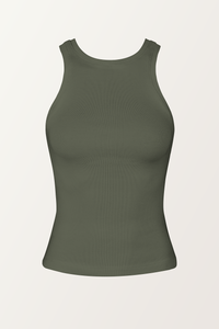 PIXIE WON'T PLAY LARA TANK TOP RIBBED KHAKI ORGANIC COTTON SUSTAINABLE FASHION WEAR WITHOUT BRA LUXURY SLEEVELESS STYLISH COMFORTABLE BREATHABLE FABRIC VERSATILE RELAXED FIT SOFT TRENDY SUMMER AUTUMN WINTER SPRING WEAR CASUAL OUTFIT WORKOUT LAYERING VARIOUS COLORS FASHIONABLE MUST-HAVE