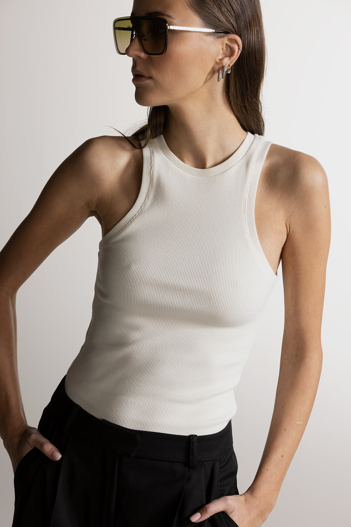 PIXIE WON'T PLAY LARA TANK TOP RIBBED ECRU WHITE ORGANIC COTTON SUSTAINABLE FASHION WEAR WITHOUT BRA LUXURY SLEEVELESS STYLISH COMFORTABLE BREATHABLE FABRIC VERSATILE RELAXED FIT SOFT TRENDY SUMMER AUTUMN WINTER SPRING WEAR CASUAL OUTFIT WORKOUT LAYERING VARIOUS COLORS FASHIONABLE MUST-HAVE 