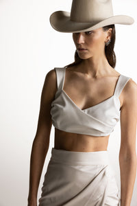 PIXIE WON'T PLAY MOONCITY BRALETTE ECRU WHITE STYLISH WOOL SILK FABRIC CLASSIC DESIGN VERSATILE PROFESSIONAL ATTIRE SPRING SUMMER FALL WINTER FASHION SOPHISTICATED BUSINESS CASUAL FASHION - FORWARDS TIMELESS WARDROBE STAPLE SUSTAINABLE LUXURY CAPSULE COLLECTION ESSENTIALS ELEGANT STRAIGHT CUT CLEAN LINES BODY HUGGING OPEN BACK ELASTIC BAND ON BACK